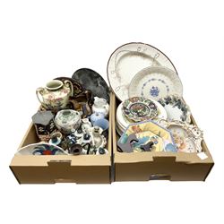 Wedgwood Jasperware lidded cylindrical jar and tulip vase, Spode Copeland's jug, two luster jugs, and other decorative ceramics and collectables, in two boxes 