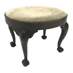 Georgian style walnut stool of oval form with plain frieze and upholstered drop-in seat on four cabriole legs each carved with stylised shell and husks, scrolling and textured brackets and ball and claw feet W57cm D44cm H43cm