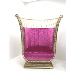 Cappelletti Cantu Italian gilt metal framed swivel chair, upholstered in crushed pink velvet, on gilt stepped base, W125cm, D90cm, H147cm