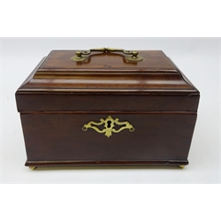  George III mahogany three division tea caddy, rectangular form with open work brass escutcheon and carry handle on brass ball feet, L23cm  
