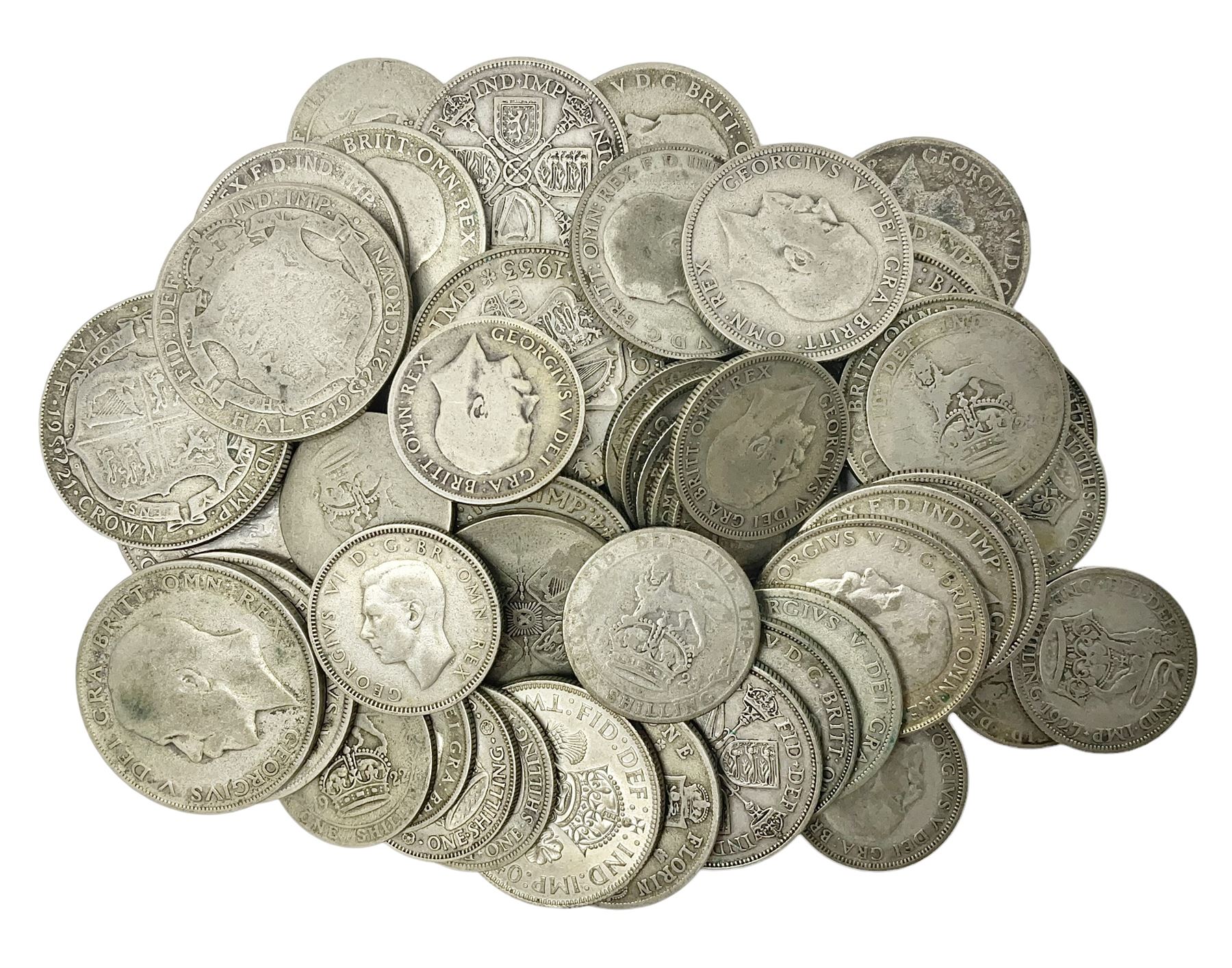 Approximately 480 grams of Great British pre 1947 silver coins, including shillings, florins and halfcrowns