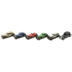 Dinky - five unboxed and playworn early post-war die-cast cars including British Salmson No.36e; and later French made Dinky Citroen 11BL car (6)