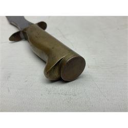 Scratch-built fighting/throwing knife, probably trench art, with 18cm steel spear type blade, plain cross-piece and French Lebel Rifle bayonet grip; in bras mounted studded leather sheath with belt hanger L29.5cm overall