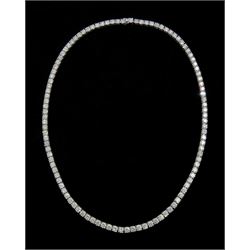 18ct white gold round brilliant cut diamond necklace, 107 round brilliant cut diamonds each in four claw setting, stamped 18K, total diamond weight 35.10 carat