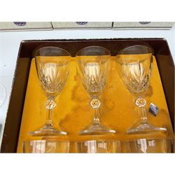 Set of six Edinburgh Crystal 'Continental' glass tumblers with original box, along with three boxed pairs of matching wine glasses and further boxed set of Cathedral Crystal glasses