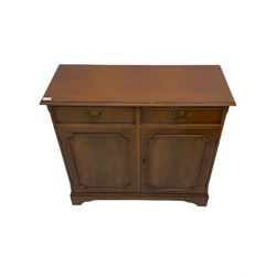 Reproduction mahogany side cabinet, moulded rectangular top over two drawers and double cupboard, bracket feet
