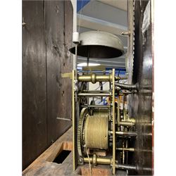 William Underhill of Newport (Shropshire) - Early 19th century mahogany longcase clock c1820,  with a swans necked pediment and inlaid paterae, break arch hood door flanked by reeded pilasters with Corinthian capitals, trunk with quarter columns and a wavy topped door, square plinth with inlay raised on a shaped plinth, painted dial with floral spandrels and moon phase disc to the arch, Arabic numerals and matching steel hands with subsidiary date and seconds hand, dial pinned directly to an 8-day rack striking movement, sounding the hours on a cast bell. With pendulum, weights and key.