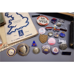 Transport and related badges, Schrader commercial tyre pressure gauge, late 1960s cased set of technical drawing instruments, transport related books and manuals, maps etc  