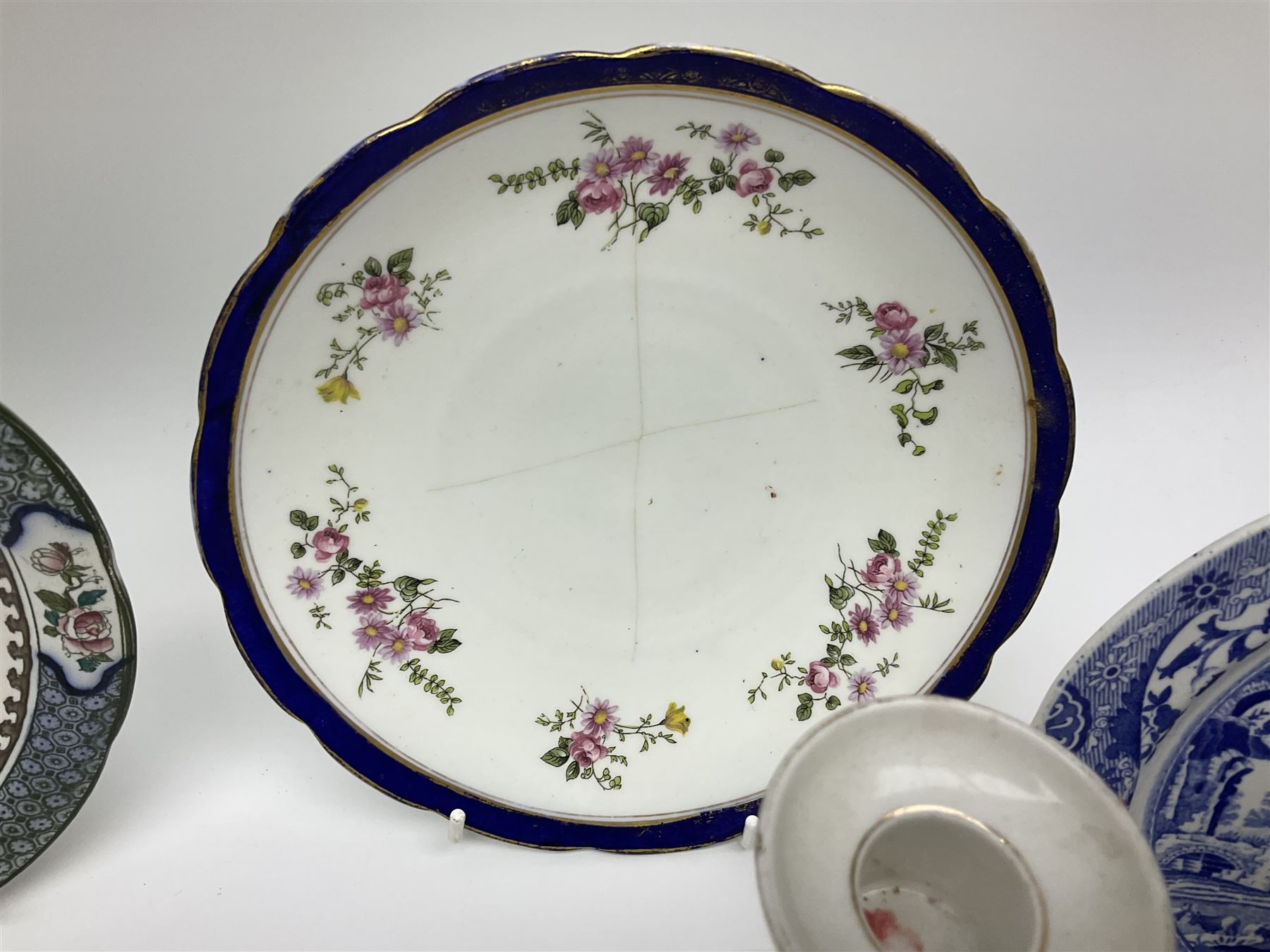 Royal Crown Derby Brocade pattern jug and sugar bowl, together with a similar gilt floral pattern bowl, three graduating Staffordshire style pearlware cottage jugs, Leeds Pottery model cottage and other ceramics and glassware, etc