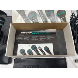 Vintage pair Akai ADM-8 Dynamic microphones; AKG D880 Dynamic microphone; cased; and Shure Betagreen BG1.0 vocal microphone; boxed; all with cables (4)