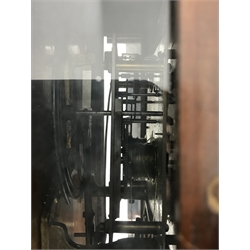 Late 19th century Vienna type wall clock, walnut and beech cased, eight day movement striking the hours and half on coil, H107cm (two weights and pendulum)