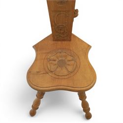 Beaverman - Oak hall chair with commemorative carved back panel  dated '29th July, 1981' for Prince Charles and Princess Diana royal wedding, with carved Yorkshire rose and the Prince of Wales feathers, on turned supports, with carved beaver signature, by Colin Almack of Sutton near Thirsk