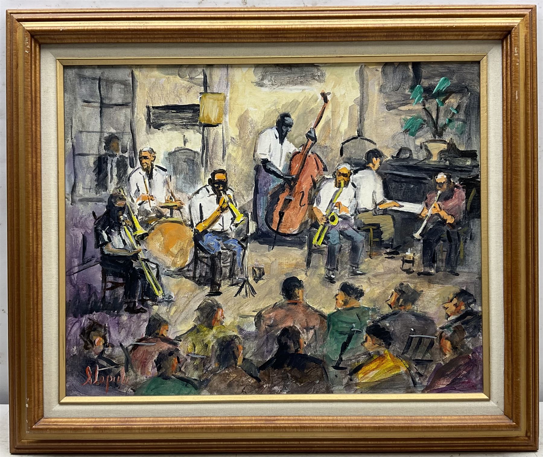 Charles T Stepule (American 1911-2006): 'Preservation Hall' Jazz Band New Orleans, acrylic on canvas laid onto board signed, titled and dated 1992 verso 39cm x 49cm 