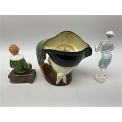 Royal Doulton figure Harlequin HN2186, together with Royal Doulton Long John Silver character jug D6335 and Francesca Art china figure bubbles