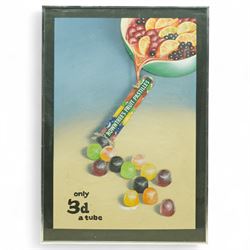 Original Rowntree Mackintosh (Rowntrees) prototype collage advertising poster for Fruit Pastilles - 'Only 3d a tube', colour poster with collage depicting a fruit punch being poured into a tube of Fruit Pastilles 58cm x 40cm
Provenance: from the personal collection of David Lamb, former advertising manager at Rowntree Mackintosh, York