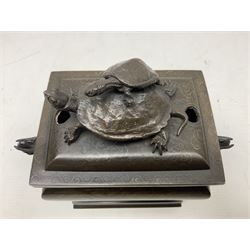 Chinese censer or incense burner, elephant head shaped handles, uon a rectangular base, the lid decorated with silver inlay with terrapin finial, H20cm  