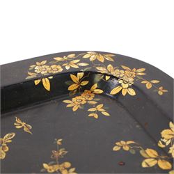 19th Century gilded toleware rectangular tray, decorated with floral sprig and insects, L41cm