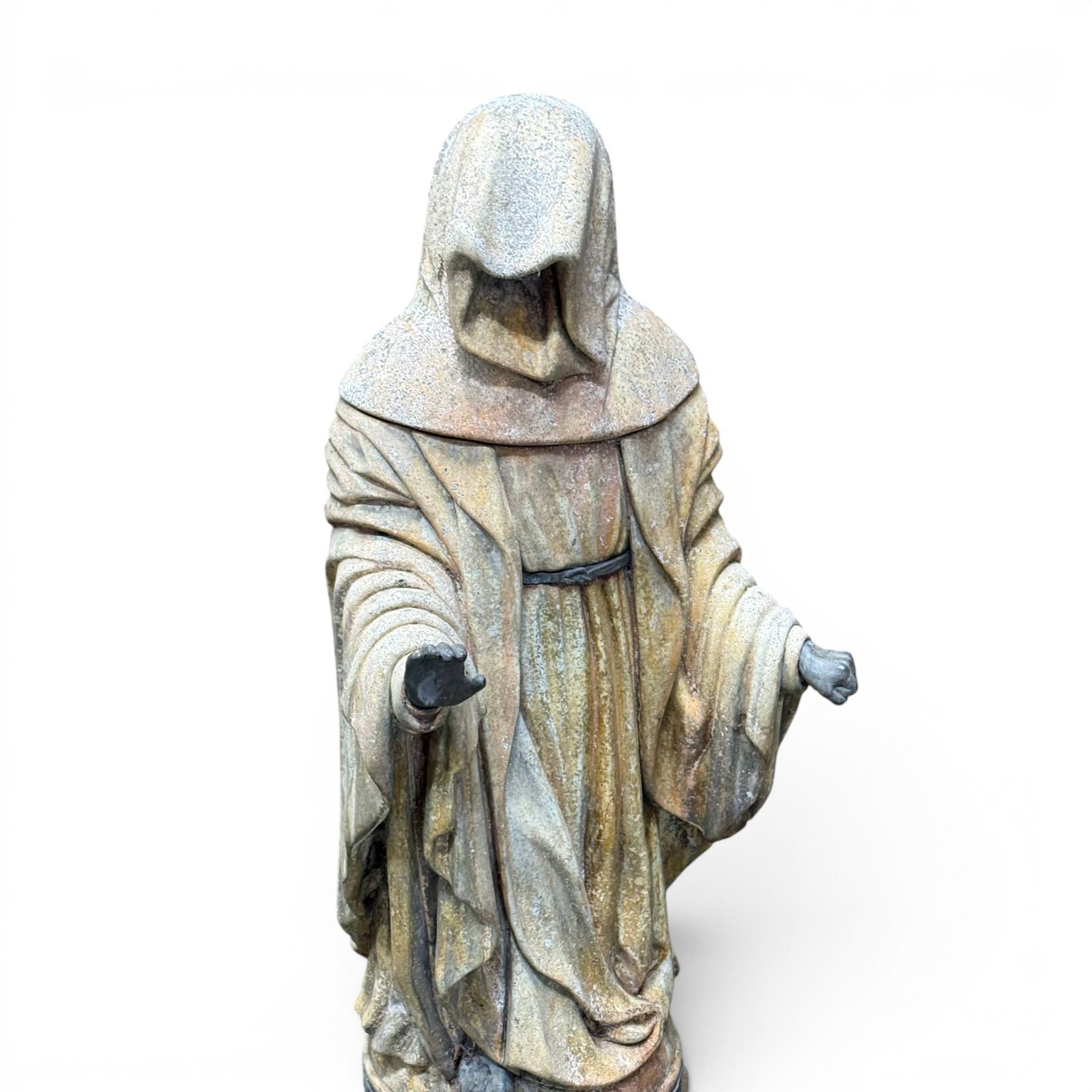 Farran stone garden statue depicting a hooded monk standing in flowing robes in circular form, set upon Gothic pedestal with arched panels, featuring lead hands and script band