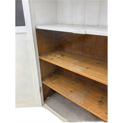 19th century painted pine kitchen cupboard, enclosed by two part glazed doors