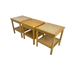 Pair beech bedside tables, square top with canework inset and cane under-tier, together with another similar 