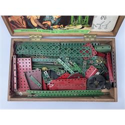 Meccano - quantity of playworn sections in red and green, in scratch-built pitch pine box with 3, 3A and 4A instruction booklets, box L43cm