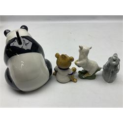 Nine Wade Collectables figures, comprising six Myths and Legends; King Canute, Mermaid, St George, Cornish Tin Mine Pixie, Puck and Green man, together with Lamb, Elephant and bear, a Wade Panda money box and two boxes of Wade Christmas Crackers