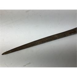 Malayan Kris dagger, the 31.5cm double edged straight heavy damascus blade with copper ferrule; carved hardwood grip; in large wooden throated scabbard with floral decorated white metal covering L47.5cm overall; a kris blade with adapted antler grip; and five various small daggers/letter openers (7)