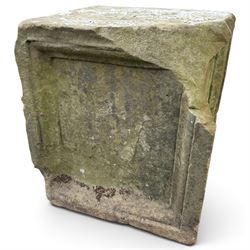 Two 18th century carved sandstone architectural elements, comprising a substantial square pedestal block with recessed panelled facias (W42cm H45cm); and a frieze fragment carved in relief with three stylised flowerheads and an undulating foliate stem (W30cm H18cm)