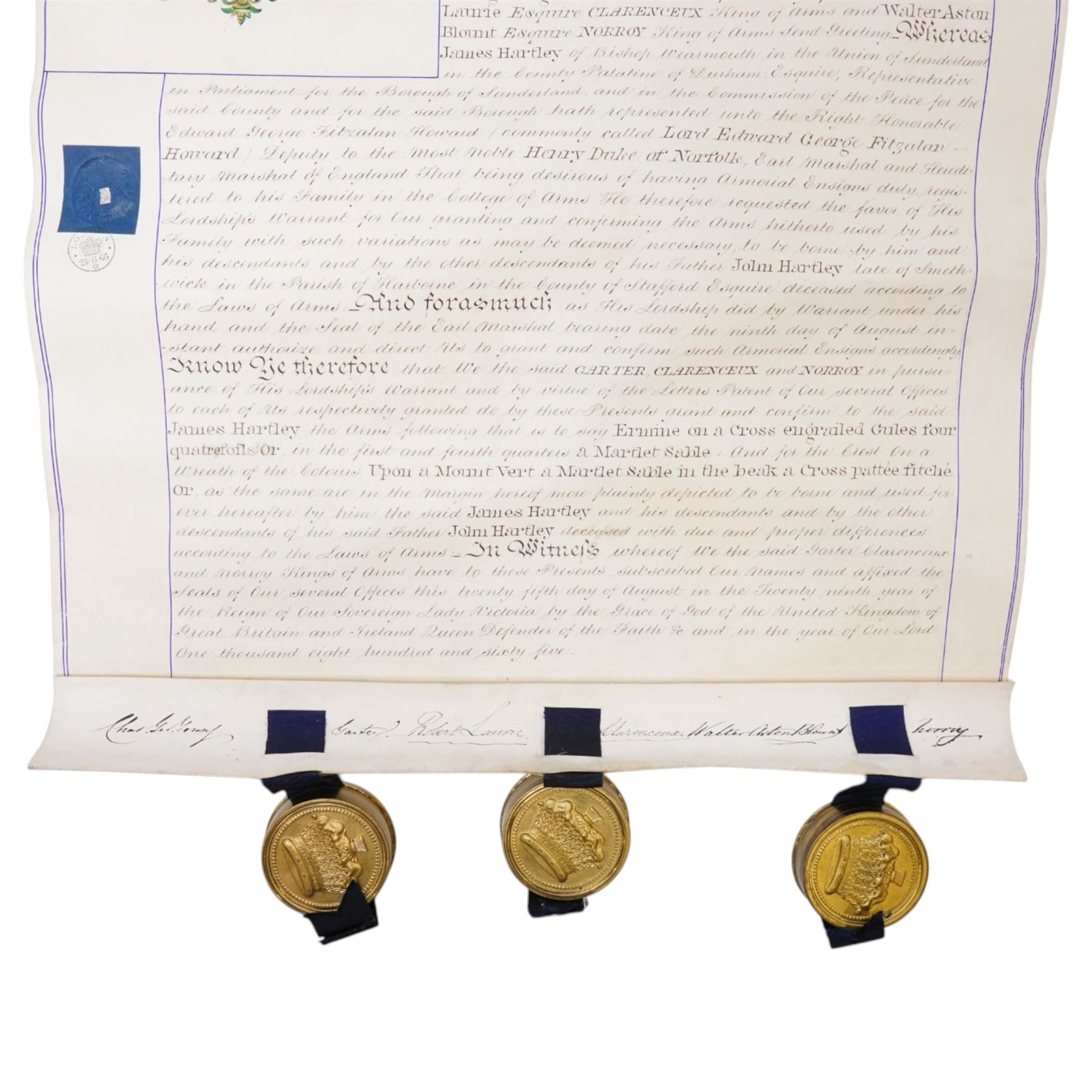 Victorian vellum Grant of Arms to James Hartley M.P. of Bishop Wearmouth, Union of Sunderland, County Palatine of Durham 1865, with three wax seals in gilt brass cases and original case 