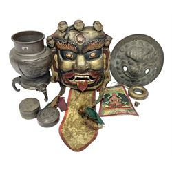 Tibetan mask wall hanging, together with a bronze incense burner, lidded dishes and other tibetan items, mask H28cm