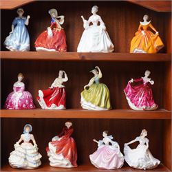 Large collection of miniature Royal Doulton figures, on display shelf, mostly dancing girls, including Karen, Sara, Christine, Elaine, Ninette, Rebecca, Emma, Hannah, etc, and a number of boxes (16) 