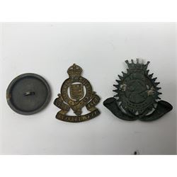 Made-up group of three WWI medals comprising 1914 Star awarded to 23598 Gnr. F. Jefferson R.G.A., British War Medal and Victory Medal with names removed; with ribbons on wearing bar; 1942 Motorist's Medal and small quantity of cap badges, Royalty badges etc
