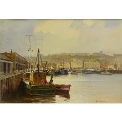  Don Micklethwaite (British 1936-): Scarborough Fishing Boats Moored, oil on canvas board signed 34cm x 49cm  
