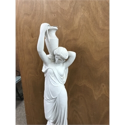 White painted composition garden figure of a classical female water carrier on plinth, H160cm