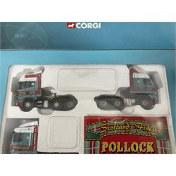 Corgi - two limited edition 1:50 scale heavy haulage vehicle sets comprising CC99129 Norfolk Line with DAF XF Super Space Cab, Curtainside Trailer, Fridge Trailer and History Booklet; and CC99130 Pollock (Scotrans) Ltd. Musselburgh with three fleet tractor units, curtainside trailer and History Booklet; both boxed (2)