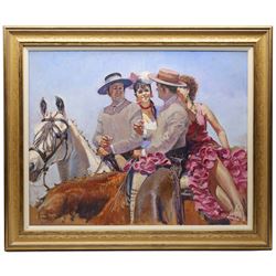 Malcolm Coward (British 1948-): Flamenco Dancers and Gauchos on Horseback, oil on canvas signed 59cm x 74cm