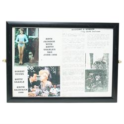 Betty Grable -  A purse designed as a bunch of violets and used by Betty Grable in the film 'Sweet Rosie O'Grady' 1943 and won in a competition in the Sunday Pictorial newspaper by Beth Jackson with newspaper cuttings, letter, photographs etc, together with a limited edition figure of Betty Grable by Modern Icons 458/2500, with magazines, books and other items relating to Betty Gable