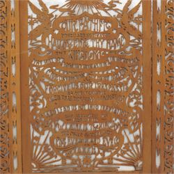 G Spawton Callow (British 19th Century); hand-written illuminated Golden Wedding Anniversary manuscript, from the Charles Street Chapel, Leicester, illuminated in gilt and decorated with a border of foliage, signed; together with a wooden fretwork panel of the Lord's Prayer and a preaching plan for The Wesleyan Methodist Preachers in the Whitby Circuit, max 69cm x 59cm (3)