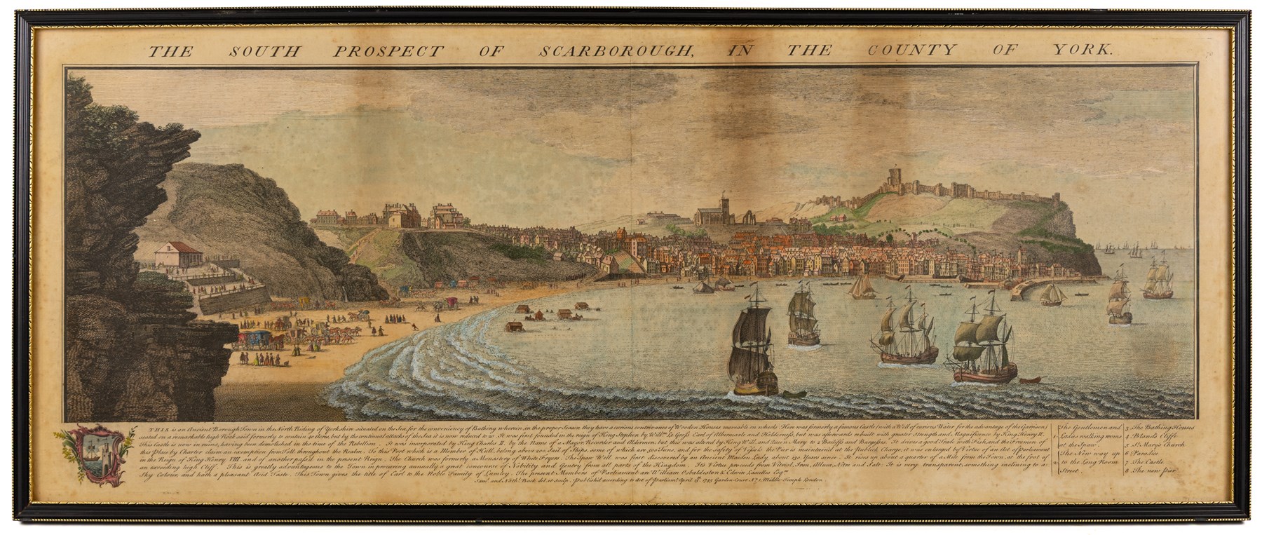 After Samuel Buck (British 1696-1779) and Nathaniel Buck (British fl. 1724-1759): The South Prospect of Scarborough in the County of York, hand-coloured engraving unsigned 31cm x 82cm
Notes: Originally published 1745.