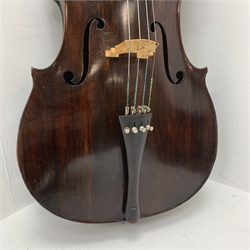  Early 20th century French Mirecourt cello with 76cm two-piece maple back and ribs and spruce top, bears label Michel-Ange Garini L123cm, in modern quality soft carrying case  