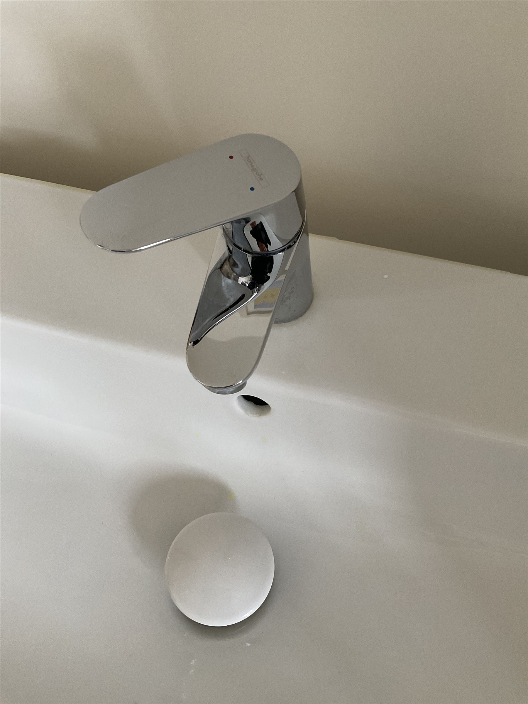 Villeroy & Boch vanity unit, ceramic hand basin with Hansgrohe mixer tap on two drawer wall mounted unit in gloss grey finish L101cm D47cm H58cm. Complete with Duravit illuminated wall mounted mirror in white frame 100cm x 70cm