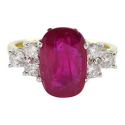 18ct gold oval ruby and round brilliant cut diamond ring, stamped 750, ruby approx 3.30 carat, total diamond weight approx 0.35 carat