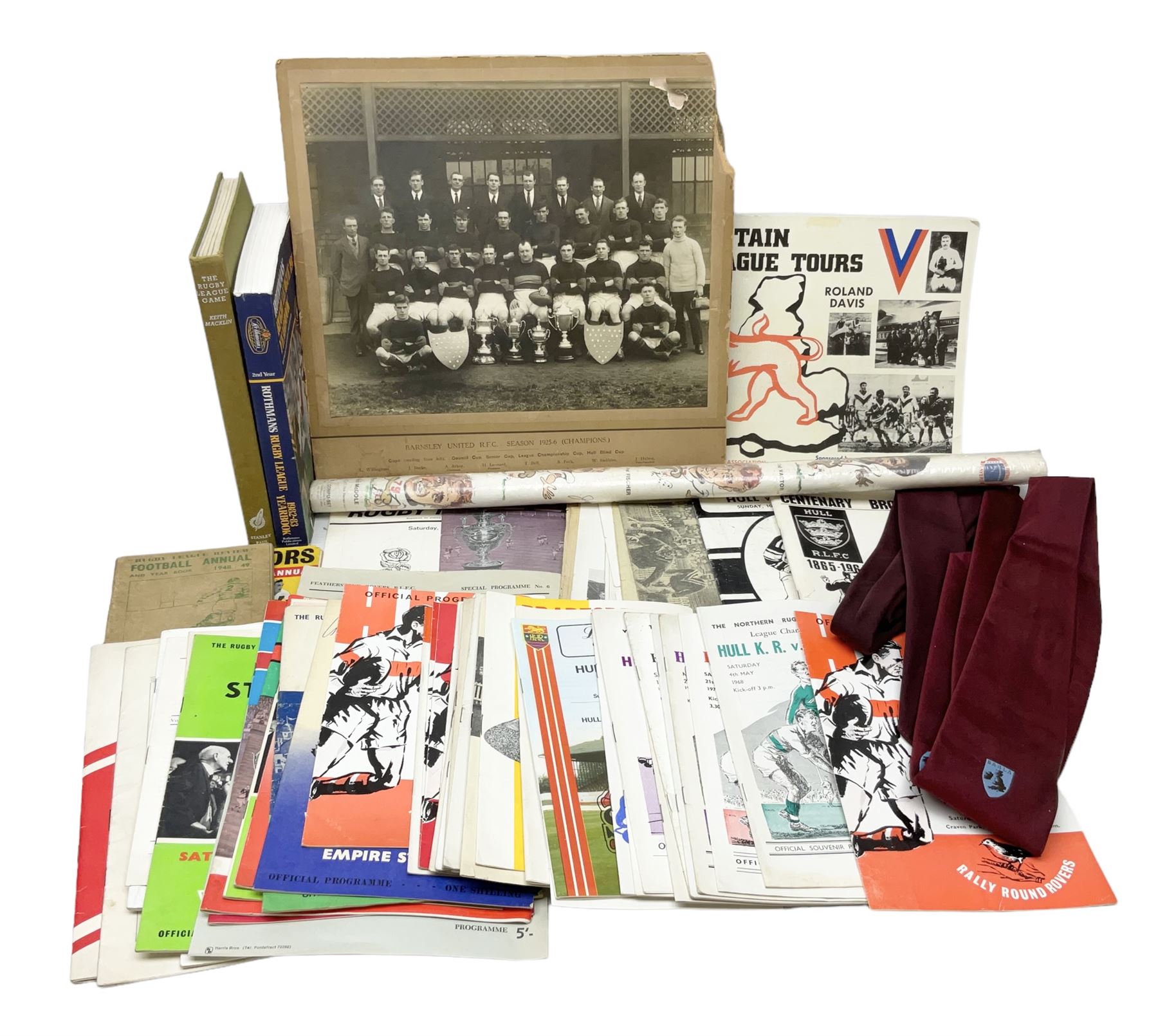 Rugby League - over thirty Hull Kingston Rovers match programmes 1950s/60s including home and away, various cup games, two 1969 single sheets and Last Match at Craven Park with ticket and club tie; five Challenge Cup Finals with tickets 1957-71 and 1962 signed by Eddie Waring; card mounted photograph of Barnsley United R.F.C. 1925/6; and other Rugby League ephemera