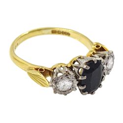 18ct gold three stone oval sapphire and round brilliant cut diamond ring, hallmarked, total diamond weight approx 0.30 carat