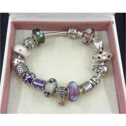 Silver Pandora bracelet with eighteen silver Pandora charms including snowman, ghost and pumpkin and a silver Pandora necklace with three Pandora charms, all stamped S925 ALE, with Pandora box