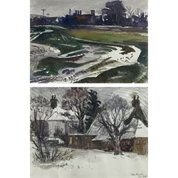 Fyffe Christie (British 1918-1979): Snowy Garden and Industrial City Suburb Landscape, two watercolours signed and dated 1970 & 1967, respectively, max 17cm x 21cm (2)