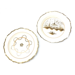  Two Yorkshire Pearlware plates attributed to Don pottery, centrally painted in brown with a pagoda and fence within an ochre line border, the other with a stylized floral garland, both within feuille de chou moulded rims, unmarked D24.5cm   