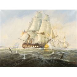 Michael J Whitehand (British 1941-): Sailing Galleons with View of Sinking Ship, oil on ca...