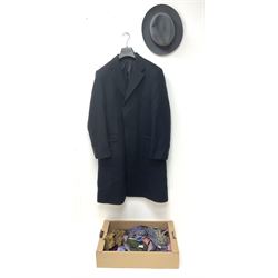 A gentlemen's Gieves & Hawkes No1 Savile Row London black wool overcoat, no size label, together with a gentlemen's Lock & Co Hatters St James Street London felt hat, and a selection of gentlemen's ties and cravats, to include silk and wool examples. 