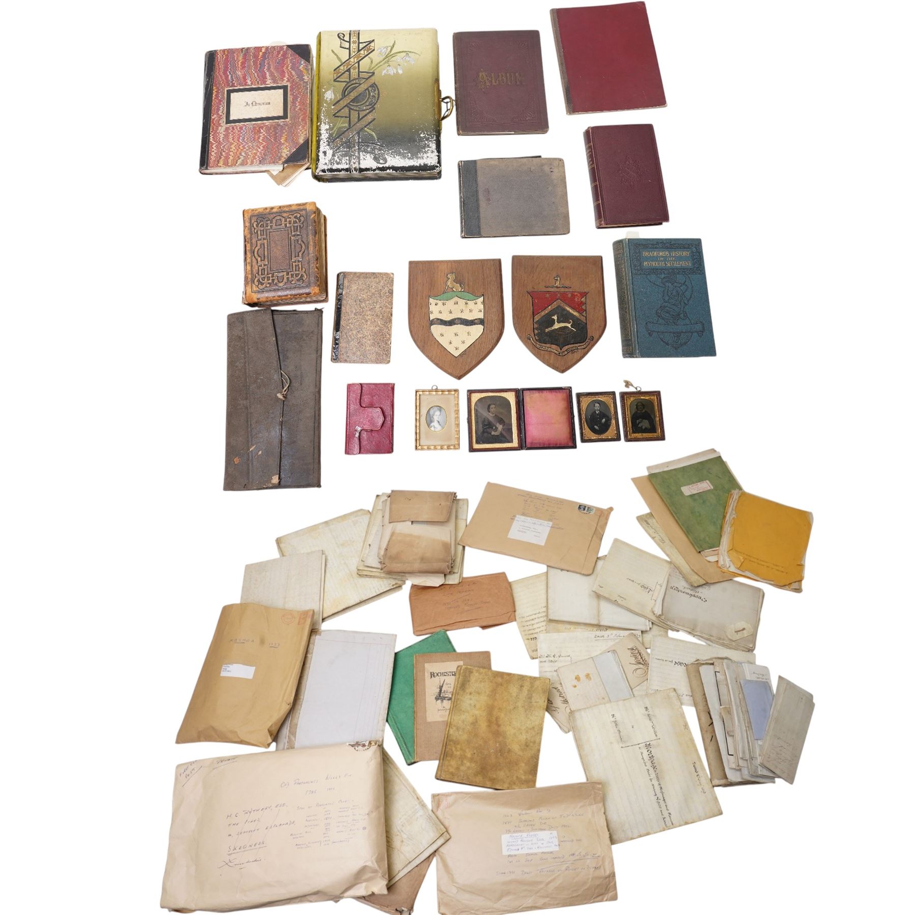 The Mather Family Archive - An extensive collection dating from 1690 to the 19th century of family indentures including Wills, Leases, Conveyances, Abstracts of Title etc .together with two 19th century photograph albums, ambrotypes, autograph and scrap books, ledgers etc and wall shields with the Mather crest, family tree etc.
The Mather family of Lancashire has a lineage of considerable historic interest on both sides of the Atlantic.  The family trace back to Richard Mather (1596-1669) a prominent Puritan minister who emigrated to New England in 1635. His descendants in America include his son, Increase Mather (1639-1732), president of Harvard College and his grandson Cotton Mather (1663-1728) who was an influential theologian and writer of early American history